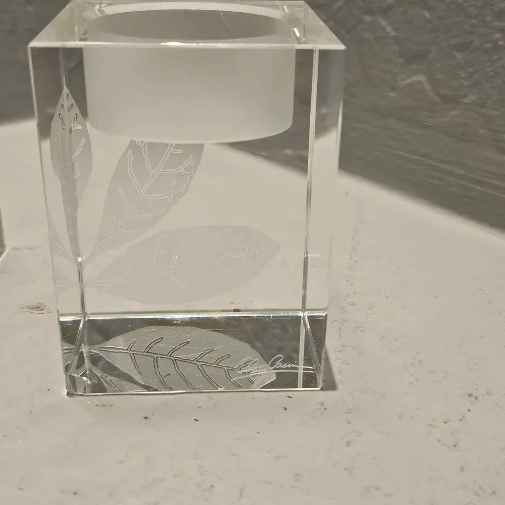 Signed Oleg Cassini Etched Leaves Crystal Votives